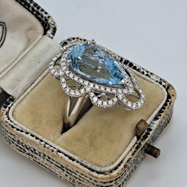 8.10ct Pear Cut Brazilian Aquamarine and Diamond Cluster Dress Ring in 18ct White Gold