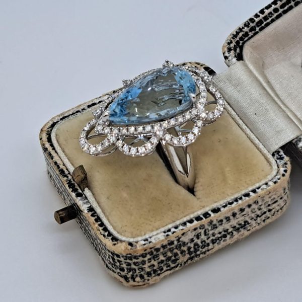 8.10ct Pear Cut Brazilian Aquamarine and Diamond Cluster Dress Ring in 18ct White Gold