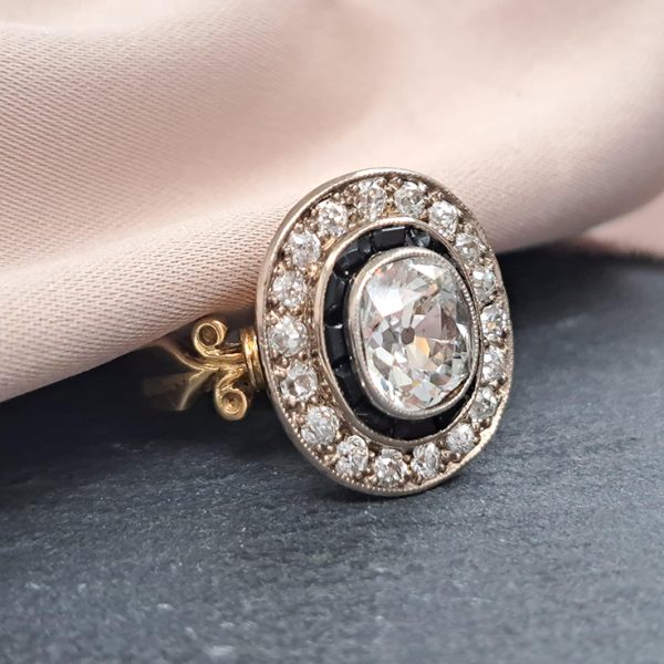 1.50ct Oval Old Mine Cut Diamond and Onyx Cluster Engagement Ring in 18ct yellow gold