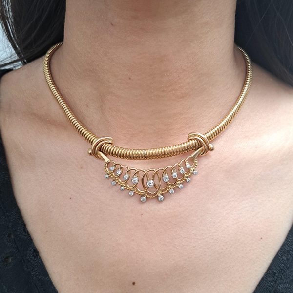 Vintage French 1.50ct Diamond Pendant Gold Tubogas Collar Necklace, 18ct yellow gold tubogas collar necklace with detachable diamond set pendant/bib