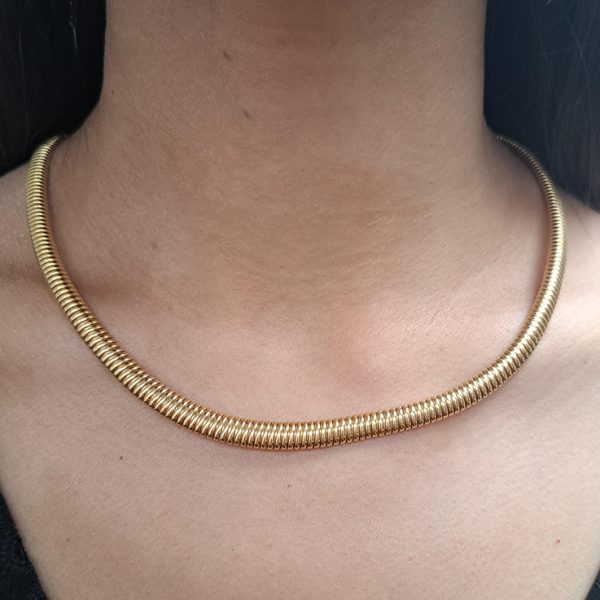 Vintage French 1.50ct Diamond Pendant Gold Tubogas Collar Necklace, 18ct yellow gold tubogas collar necklace with detachable diamond set pendant/bib