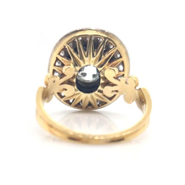 1.50ct Oval Old Mine Cut Diamond and Onyx Cluster Engagement Ring in 18ct yellow gold