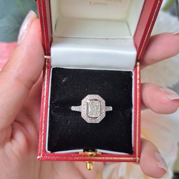 0.85ct Emerald Cut Diamond Halo Cluster Engagement Ring in Platinum