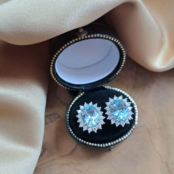 2.90ct Aquamarine and 1ct Diamond Oval Cluster Stud Earrings