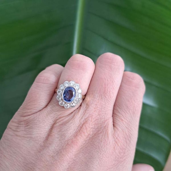 2.30ct Cornflower Blue Ceylon Sapphire and 1.20ct Diamond Floral Cluster Engagement Ring