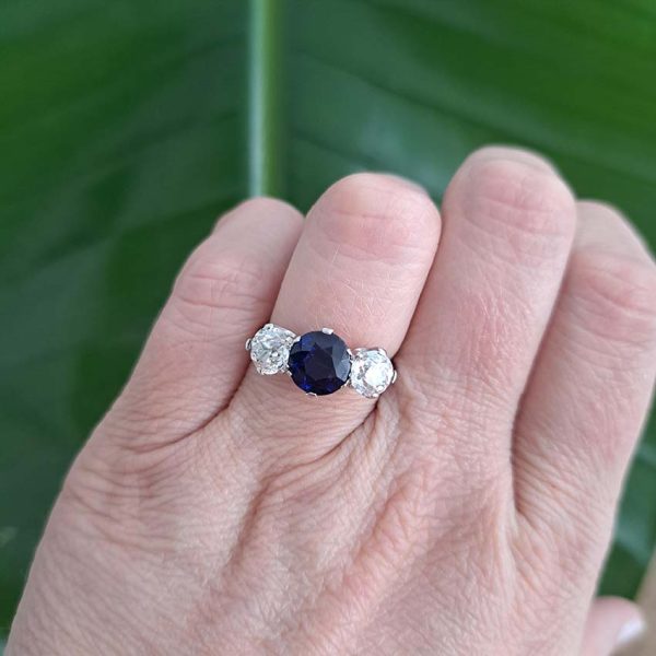 Art Deco 1.71ct Natural Sapphire and 1.60ct Old Cut Diamond Three Stone Engagement Ring in Platinum, Circa 1920