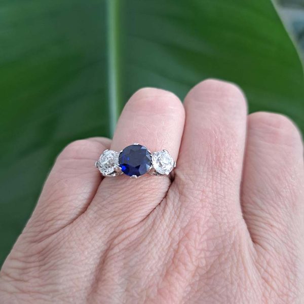 Art Deco 1.71ct Natural Sapphire and 1.60ct Old Cut Diamond Three Stone Engagement Ring in Platinum, Circa 1920