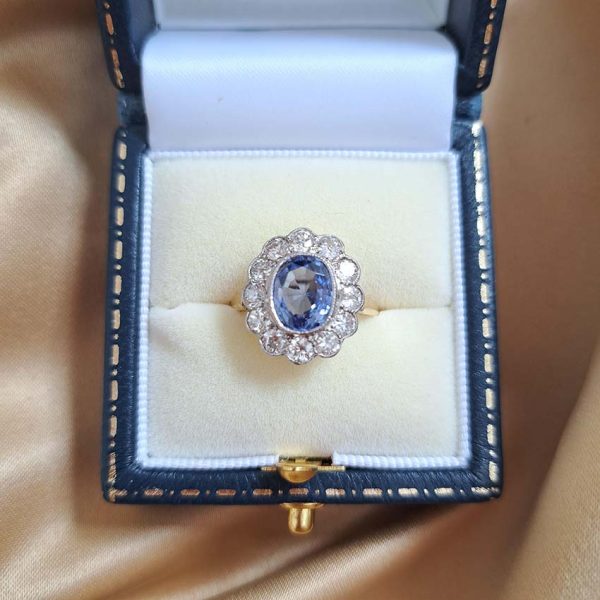 2.30ct Cornflower Blue Ceylon Sapphire and 1.20ct Diamond Floral Cluster Engagement Ring