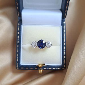 Art Deco 1.71ct Sapphire and Old Cut Diamond Trilogy Ring