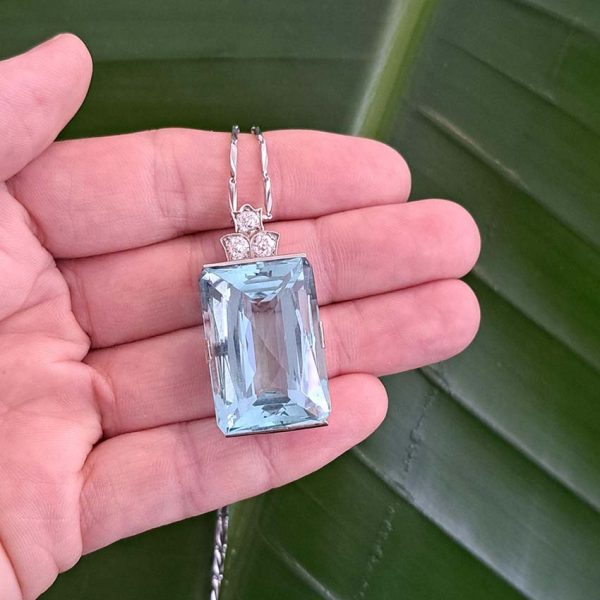 Art Deco 50ct Aquamarine and Diamond Pendant