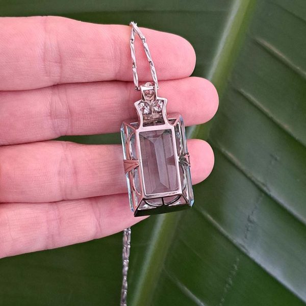 Art Deco 50ct Aquamarine and Diamond Pendant Necklace