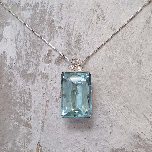 Art Deco 50ct Aquamarine and Diamond Pendant Necklace in 18ct White Gold on Platinum Chain