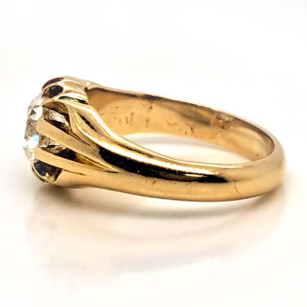 Antique 1.06ct Diamond Solitaire Engagement Signet Ring in Yellow Gold with Ribbed Shoulders