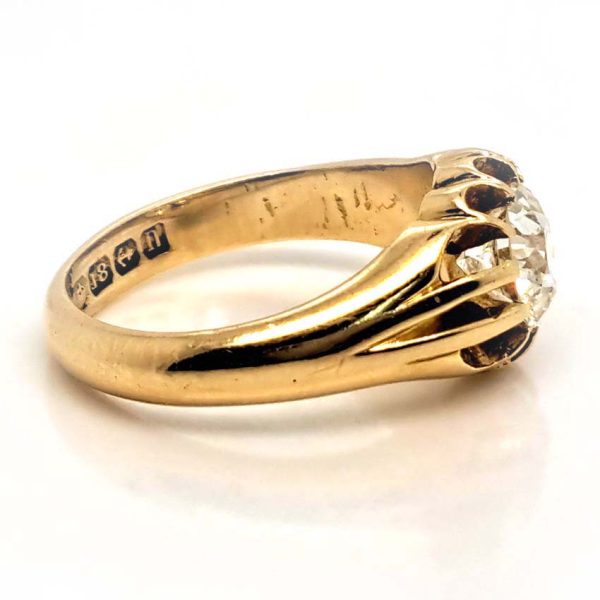 Antique 1.06ct Diamond Solitaire Engagement Signet Ring in Yellow Gold with Ribbed Shoulders