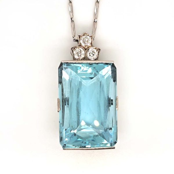 Art Deco 50ct Aquamarine and Diamond Pendant