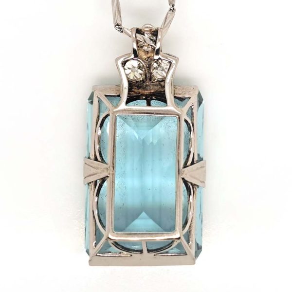 Art Deco 50ct Aquamarine and Diamond Pendant Necklace in 18ct White Gold on Platinum Chain