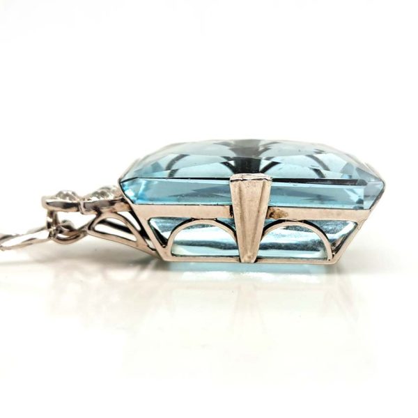 Art Deco 50ct Aquamarine and Diamond Pendant Necklace in 18ct White Gold on Platinum Chain