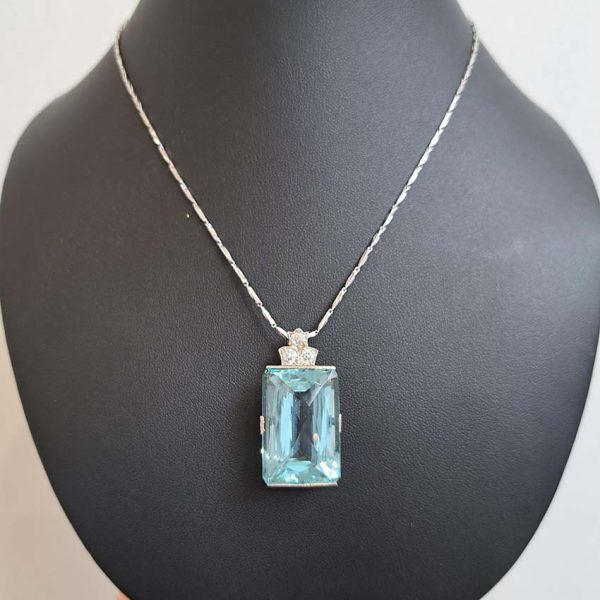 Art Deco 50ct Aquamarine and Diamond Pendant Necklace in 18ct White Gold on Platinum Chain