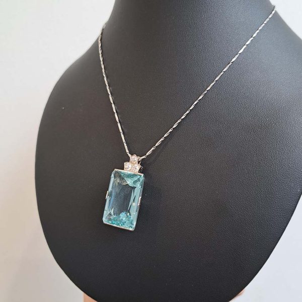 Art Deco 50ct Aquamarine and Diamond Pendant Necklace in 18ct White Gold on Platinum Chain