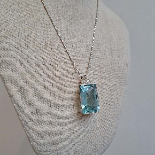 Art Deco 50ct Aquamarine and Diamond Pendant Necklace in 18ct White Gold on Platinum Chain