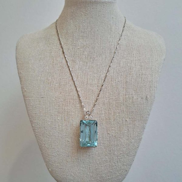 Art Deco 50ct Aquamarine and Diamond Pendant Necklace in 18ct White Gold on Platinum Chain