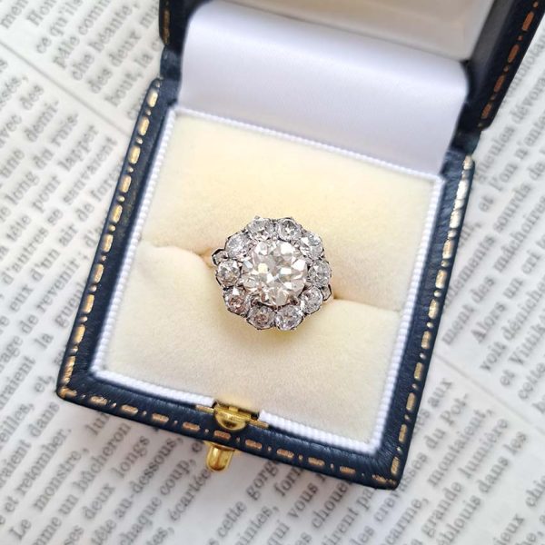 Antique Old Mine Cut Diamond Cluster Engagement Ring, 4.33 carat total, 2.33ct old mine-cut diamond 2cts old-cut diamonds in platinum to 18ct yellow gold