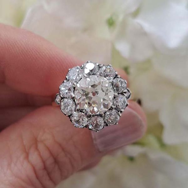 Antique Old Mine Cut Diamond Cluster Engagement Ring, 4.33 carat total, 2.33ct old mine-cut diamond 2cts old-cut diamonds in platinum to 18ct yellow gold