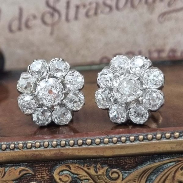 Antique French 5.20ct Old Cut Diamond Cluster Stud Earrings, set with 5.20 carats of chunky old mine-cut diamonds claw set in platinum in 18ct yellow gold