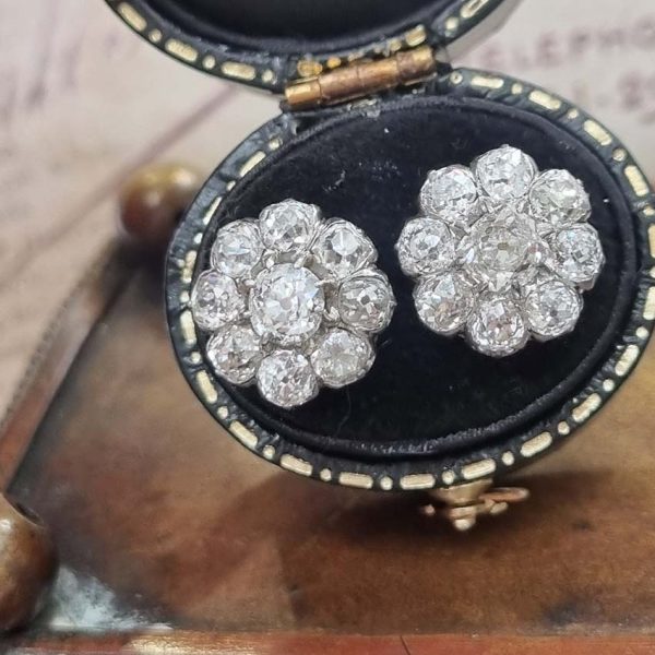 Antique French 5.20ct Old Cut Diamond Cluster Stud Earrings, set with 5.20 carats of chunky old mine-cut diamonds claw set in platinum in 18ct yellow gold