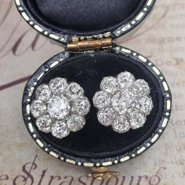 Antique French 5.20ct Old Cut Diamond Cluster Stud Earrings, set with 5.20 carats of chunky old mine-cut diamonds claw set in platinum in 18ct yellow gold