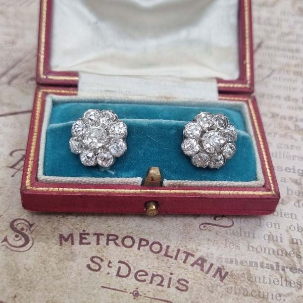 Antique French 5.20ct Old Cut Diamond Cluster Stud Earrings, set with 5.20 carats of chunky old mine-cut diamonds claw set in platinum in 18ct yellow gold