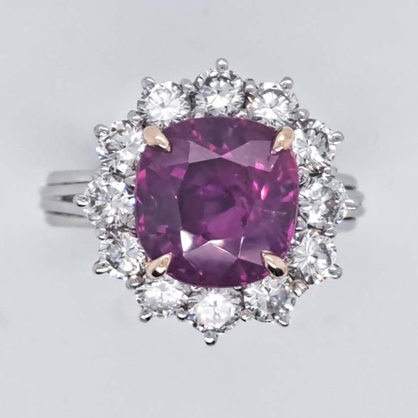 Certified 5.07ct Cushion Shaped Natural No Heat Ceylon Pink Sapphire and 1.80ct Diamond Cluster Engagement Ring in Platinum