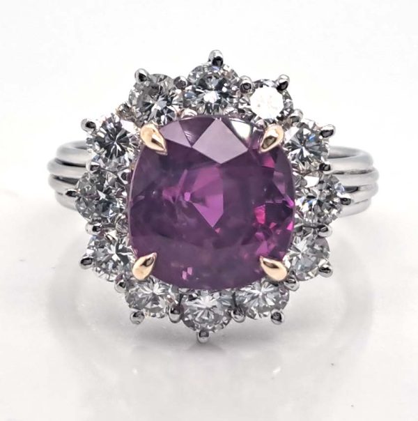 Certified 5.07ct Cushion Shaped Natural No Heat Ceylon Pink Sapphire and 1.80ct Diamond Cluster Engagement Ring in Platinum