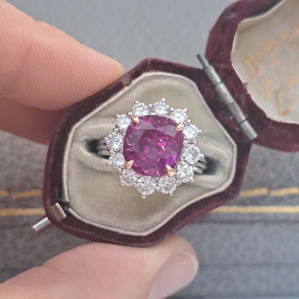 Certified 5.07ct Cushion Shaped Natural No Heat Ceylon Pink Sapphire and 1.80ct Diamond Cluster Engagement Ring in Platinum