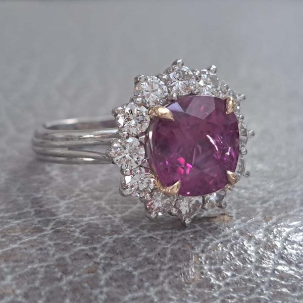 Certified 5.07ct Cushion Shaped Natural No Heat Ceylon Pink Sapphire and 1.80ct Diamond Cluster Engagement Ring in Platinum