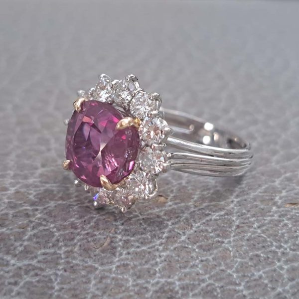 Certified 5.07ct Cushion Shaped Natural No Heat Ceylon Pink Sapphire and 1.80ct Diamond Cluster Engagement Ring in Platinum