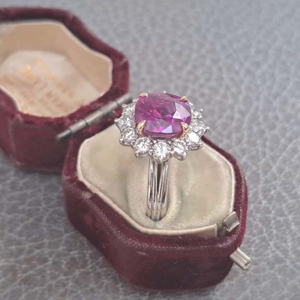 Certified 5.07ct Cushion Shaped Natural No Heat Ceylon Pink Sapphire and 1.80ct Diamond Cluster Engagement Ring in Platinum