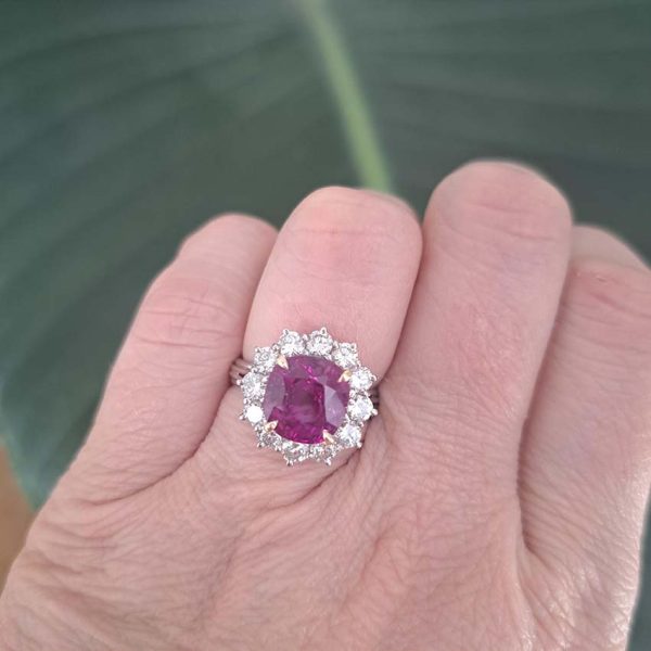 Certified 5.07ct Cushion Shaped Natural No Heat Ceylon Pink Sapphire and 1.80ct Diamond Cluster Engagement Ring in Platinum