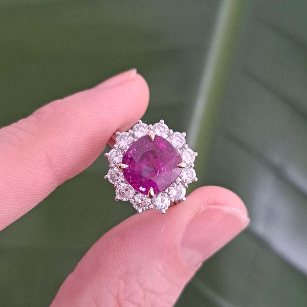 Certified 5.07ct Cushion Shaped Natural No Heat Ceylon Pink Sapphire and 1.80ct Diamond Cluster Engagement Ring in Platinum