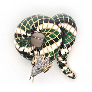 Green White and Black Enamel Gold Snake Brooch