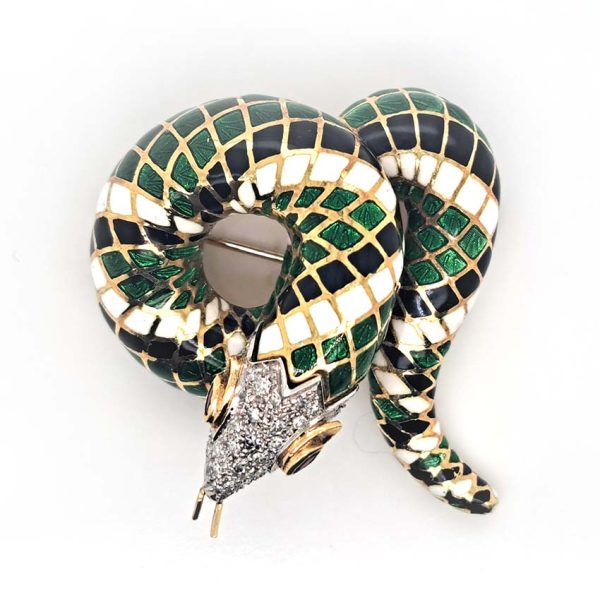 Green White and Black Enamel Gold Snake Brooch, 18ct yellow gold coiled snake brooch decorated with black, white and green enamel in intricate scale design