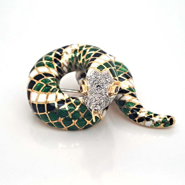 Green White and Black Enamel Gold Snake Brooch, 18ct yellow gold coiled snake brooch decorated with black, white and green enamel in intricate scale design