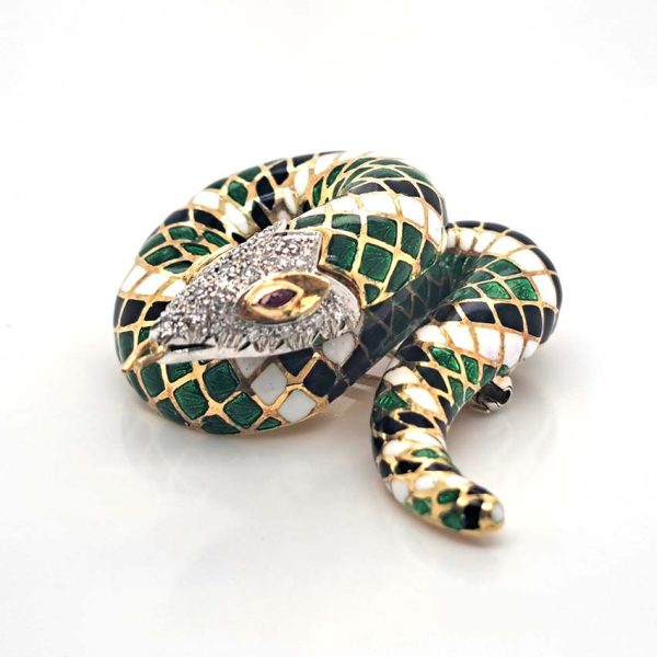 Green White and Black Enamel Gold Snake Brooch, 18ct yellow gold coiled snake brooch decorated with black, white and green enamel in intricate scale design