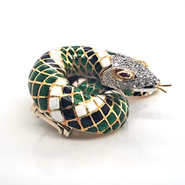 Green White and Black Enamel Gold Snake Brooch, 18ct yellow gold coiled snake brooch decorated with black, white and green enamel in intricate scale design