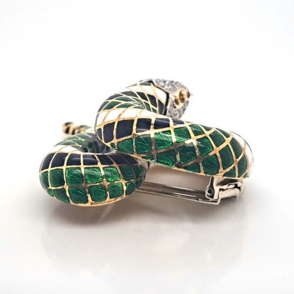 Green White and Black Enamel Gold Snake Brooch, 18ct yellow gold coiled snake brooch decorated with black, white and green enamel in intricate scale design