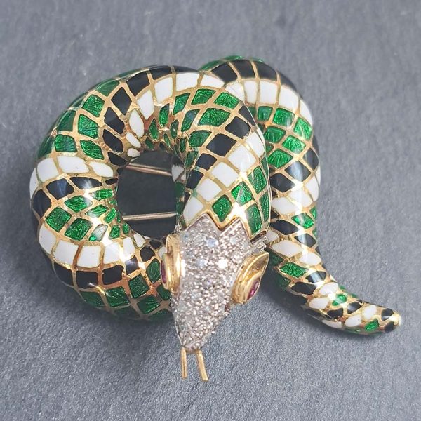 Green White and Black Enamel Gold Snake Brooch, 18ct yellow gold coiled snake brooch decorated with black, white and green enamel in intricate scale design