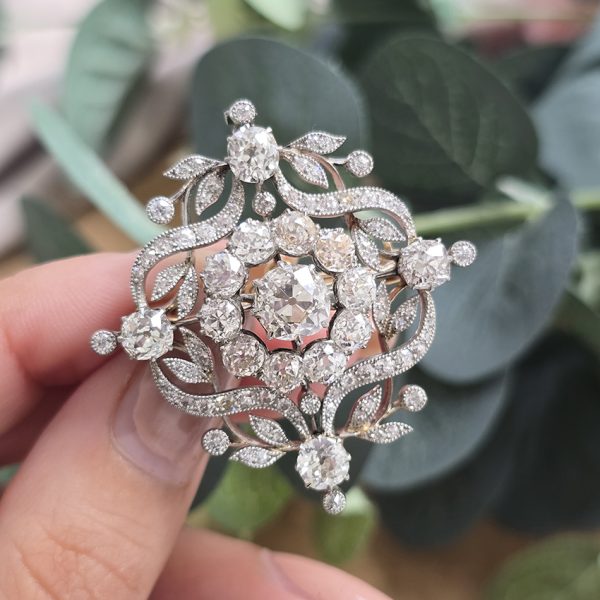 Antique Edwardian Belle Epoque 6ct Diamond and Platinum Pendant come Brooch, 1.82ct cushion shaped old-cut diamond surrounded by old-cut and single-cut diamonds