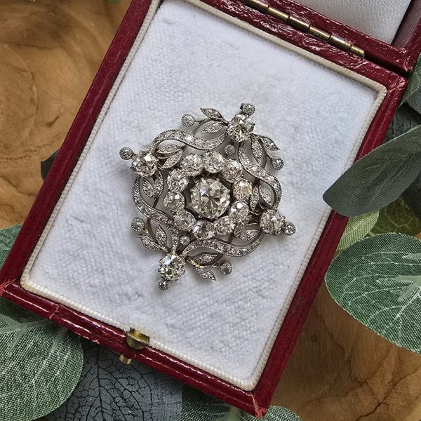 Antique Edwardian Belle Epoque 6ct Diamond and Platinum Pendant come Brooch, 1.82ct cushion shaped old-cut diamond surrounded by old-cut and single-cut diamonds