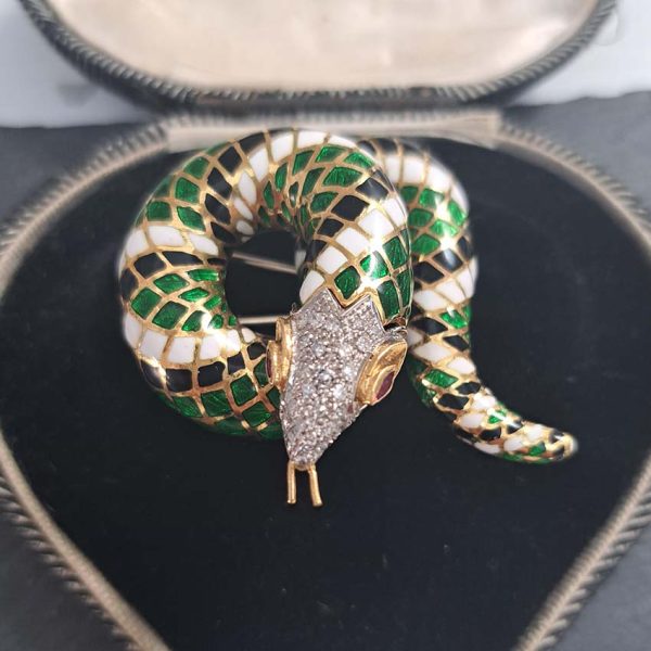 Green White and Black Enamel Gold Snake Brooch, 18ct yellow gold coiled snake brooch decorated with black, white and green enamel in intricate scale design