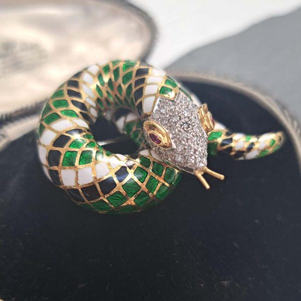 Green White and Black Enamel Gold Snake Brooch, 18ct yellow gold coiled snake brooch decorated with black, white and green enamel in intricate scale design